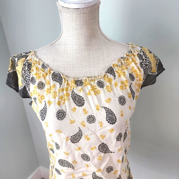 LUCKY BRAND WOMEN'S BOHEMIAN STYLE TOP YELLOW AND CHARCOAL SIZE XS - Picture 2 of 6